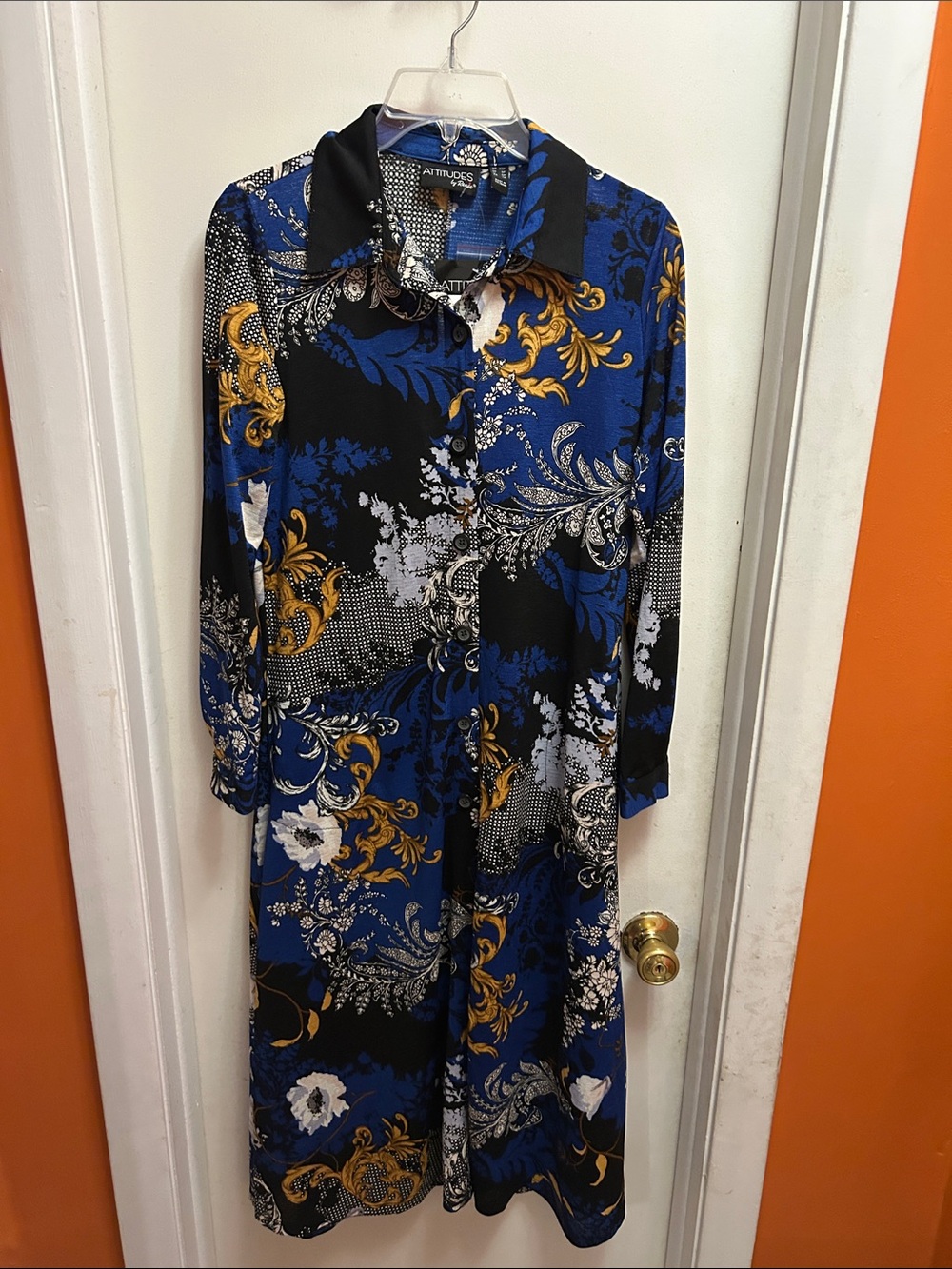 Attitudes by Renee Black, Blue & Gold Floral Button-Front Dress